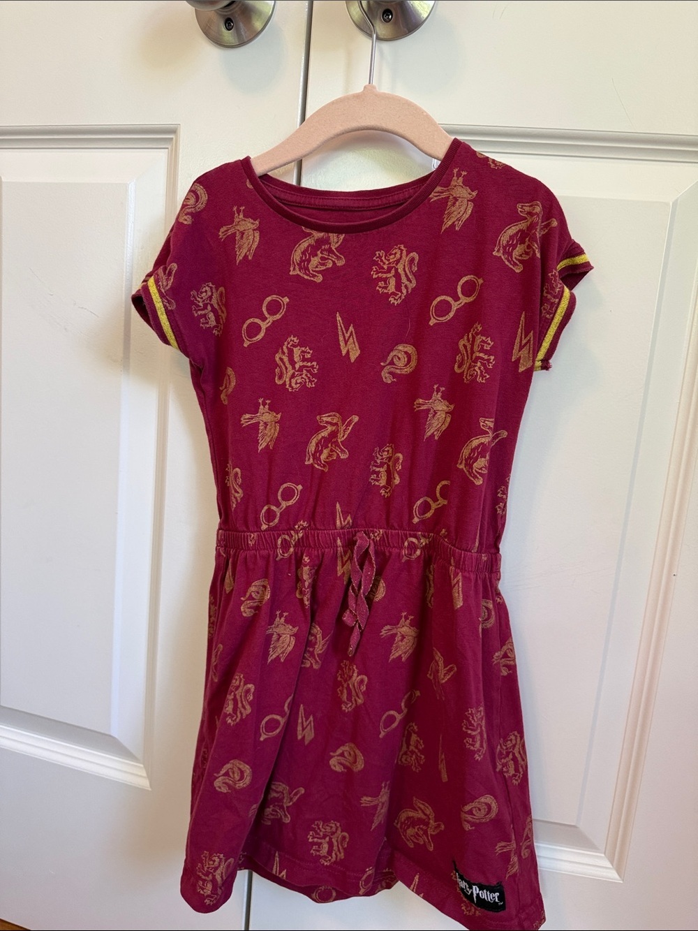 Girls' Burgundy Printed Casual Dress with Tie Waist